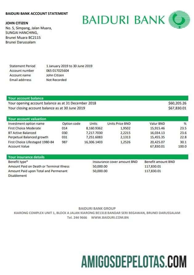 Exemplo de extrato bancário de Brunei Baiduri